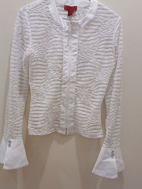JS Collections White Textured Stripe Zip-Front Jacket And Shell